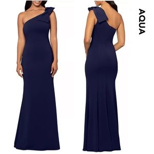 AQUA - Navy Blue Scuba Bow One Shoulder Mermaid Gown